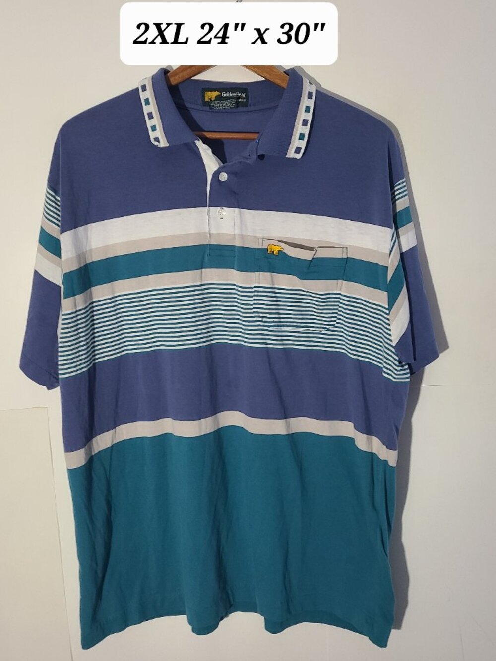 Vtg 80s/90s Jack Nickluas Golden Bear Blue Green Striped Pocket Golf Polo 2XL